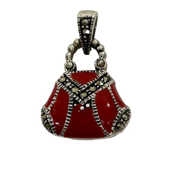 Women’s Pendant Red Enamel Purse Sterling Silver 925 Vintage Marcasite Stones - Picture 10 of 15